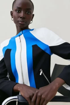 Promo 👍 Karen Millen Compact Stretch Colour Block Biker Jacket 🤩 -Workwear Shop womens multi compact stretch colour block biker jacket