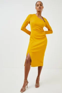 Coupon 🤩 Karen Millen Italian Structured Jersey Tuck Pencil Midi 👗 Dress ⌛ -Workwear Shop womens mustard italian structured jersey tuck pencil midi dress