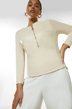 New 🔥 Karen Millen Plus Size Faux Leather Ponte Panelled Top 😉 -Workwear Shop womens natural plus size faux leather ponte panelled top
