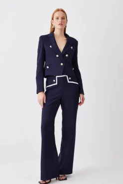 Outlet 🔥 Karen Millen Compact Stretch Nautical Button Front Wide Leg Trouser ⌛ -Workwear Shop womens navy compact stretch nautical button front wide leg trouser