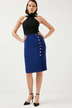 Brand new 🔔 Karen Millen Compact Stretch Viscose Button Pencil 👗 Skirt 👍 -Workwear Shop womens navy compact stretch viscose button pencil skirt