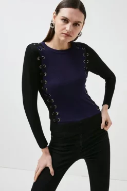 Buy 🤩 Karen Millen Eyelet Detail Knitted Top 👏 -Workwear Shop womens navy eyelet detail knitted top