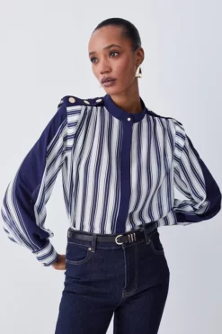 Coupon 👏 Karen Millen Military Stripe Woven Blouse ✨ -Workwear Shop womens navy military stripe woven blouse