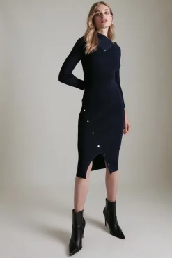 Hot Sale ✔️ Karen Millen Rib Envelope Neck 👗 Dress 👏 -Workwear Shop womens navy rib envelope neck dress