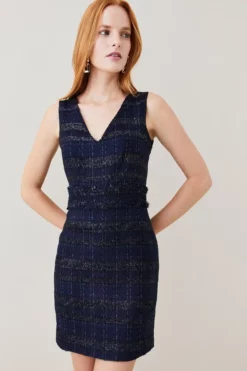 Brand new 🎉 Karen Millen Tweed Frayed Waistband Detail Mini 👗 Dress ⌛ -Workwear Shop womens navy tweed frayed waistband detail mini dress