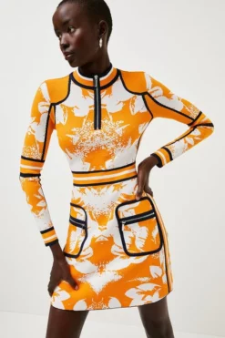 Buy 🌟 Karen Millen Abstract Floral Jacquard Knit 👗 Dress 😉 -Workwear Shop womens orange abstract floral jacquard knit dress