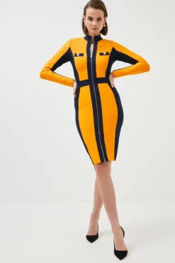 Budget ✨ Karen Millen Colourblock Military Bandage Knit Mini 👗 Dress 🔔 -Workwear Shop womens orange colourblock military bandage knit mini dress 1
