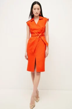 Best deal 🔔 Karen Millen Compact Cotton Military Belted Pencil Midi 👗 Dress 💯 -Workwear Shop womens orange compact cotton military belted pencil midi dress