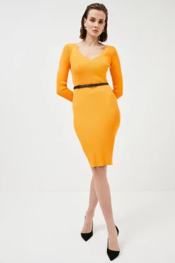 Deals 🎉 Karen Millen Pettie Rib Knit Scallop Neck Belted 👗 Dress 😀 -Workwear Shop womens orange pettie rib knit scallop neck belted dress