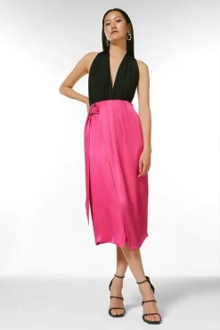 New 🧨 Karen Millen Viscose Satin Crepe Wrap Midi 👗 Skirt ⭐ -Workwear Shop womens pink viscose satin crepe wrap midi skirt