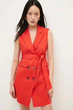 Budget 👏 Karen Millen Cotton Sateen Sleeveless Belted Mini 👗 Dress 🤩 -Workwear Shop womens red cotton sateen sleeveless belted mini dress