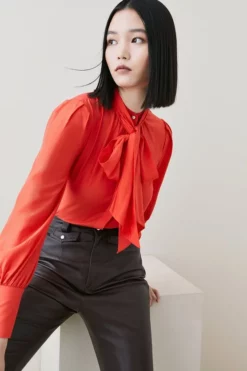 Deals 😍 Karen Millen Petite Silk Viscose Satin Pussy Bow 👕 Shirt ⌛ -Workwear Shop womens red petite silk viscose satin pussy bow shirt