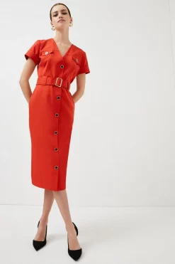 Outlet 🛒 Karen Millen Petite Tailored Safari Pencil Midi 👗 Dress 🛒 -Workwear Shop womens red petite tailored safari pencil midi dress