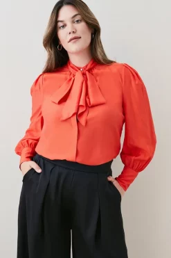 Cheapest 🔔 Karen Millen Plus Size Silk Viscose Satin Pussy Bow 👚 Shirt ✨ -Workwear Shop womens red plus size silk viscose satin pussy bow shirt