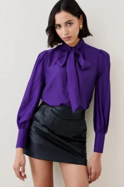 Wholesale 🔥 Karen Millen Silk Viscose Satin Pussy Bow Woven 👕 Shirt 🥰 -Workwear Shop womens red silk viscose satin pussy bow woven shirt