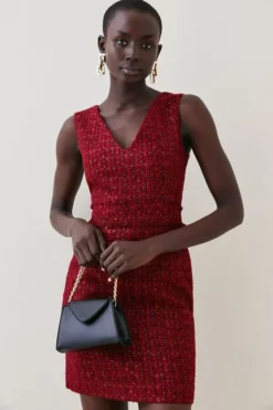 Discount 🤩 Karen Millen Tweed Frayed Waistband Detail Mini 👗 Dress 💯 -Workwear Shop womens red tweed frayed waistband detail mini dress