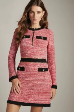 Outlet 😀 Karen Millen Tweed Knit Long Sleeve Military Trim Mini 👗 Dress 🥰 -Workwear Shop womens red tweed knit long sleeve military trim mini dress 1