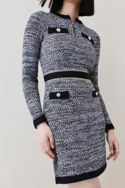 Outlet 😀 Karen Millen Tweed Knit Long Sleeve Military Trim Mini 👗 Dress 🥰 -Workwear Shop womens red tweed knit long sleeve military trim mini dress