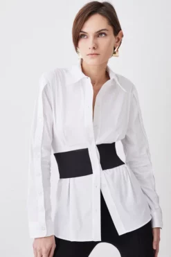 Outlet 🤩 Karen Millen Cinched Waist Tailored 👚 Shirt 🎁 -Workwear Shop womens white cinched waist tailored shirt