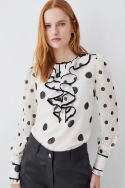 Cheap 🛒 Karen Millen Mixed Dot Ruffle Detail Georgette Blouse ✨ -Workwear Shop womens white mixed dot ruffle detail georgette blouse