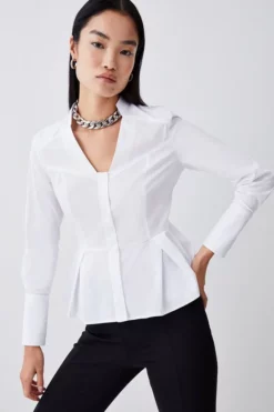 Best Sale ⌛ Karen Millen Peplum Hem V Neck Tailored 👕 Shirt 🥰 -Workwear Shop womens white peplum hem v neck tailored shirt