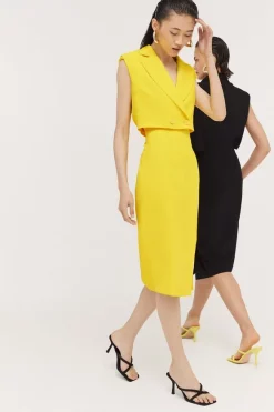 Top 10 🥰 Karen Millen Soft Twill Tailored Sleeveless Tux Midi 👗 Dress ⌛ -Workwear Shop womens yellow soft twill tailored sleeveless tux midi dress 1